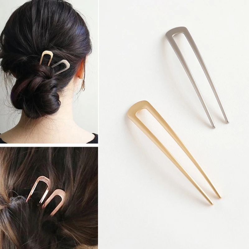 

Chinese Style Metal U Shaped Hair Stick Fork Clip Minimalist Vintage Hanfu 2 Prong Updo Chignon Pin Bun Holder Hairpin