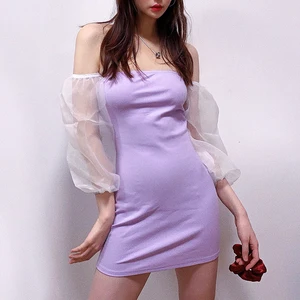 Women puff sleeve Ribbed Mini Dress With Sheer Volume Sleeves