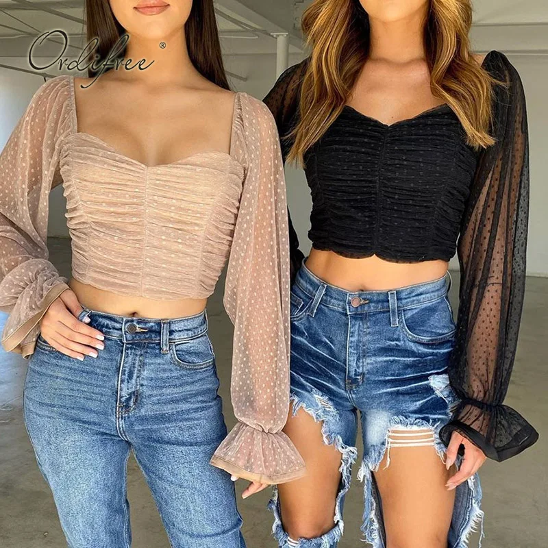 Женская шифоновая блузка Ordifree в горошек с длинным рукавом летняя 2021 | одежда