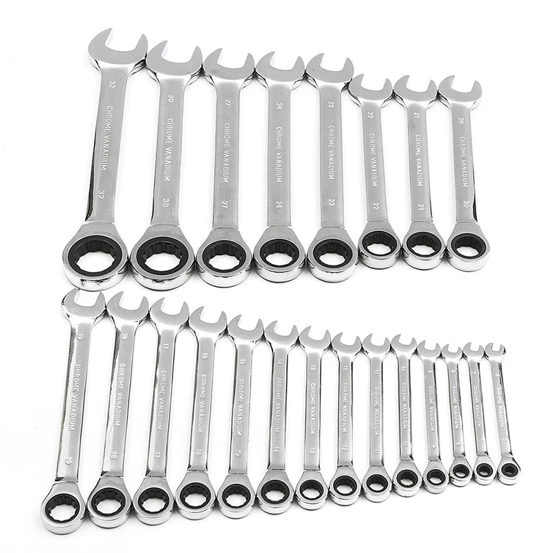 

8mm / 10mm Chrome Vanadium Steel Metric Fixed Head Ratchet Spanner Gear Wrench Open End & Ring Hand Nut Tools Mirror Polished