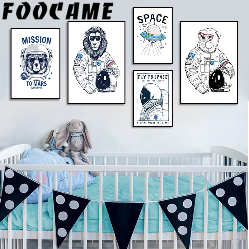 

Nordic Astronaut Spaceship Cartoon Line Animal Children Room Decor Painting Print Picture Poster Baby Nursery Wall Art Canvas