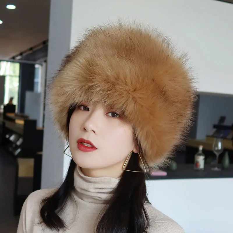 

Autumn Winter Skullies & Beanies New Empty Top Hat Snowwear Beanie Faux Fur Thick Hats Women Ring Ear Protection Warm Hat Lady