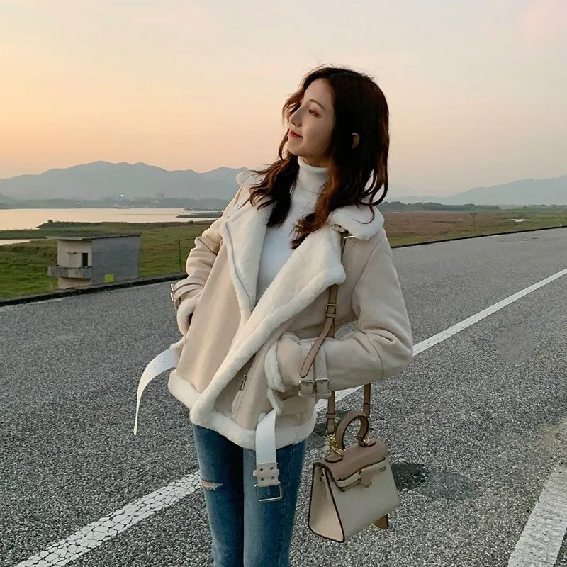 Зимняя Толстая теплая замшевая Женская куртка на молнии мотоциклетное замшевое