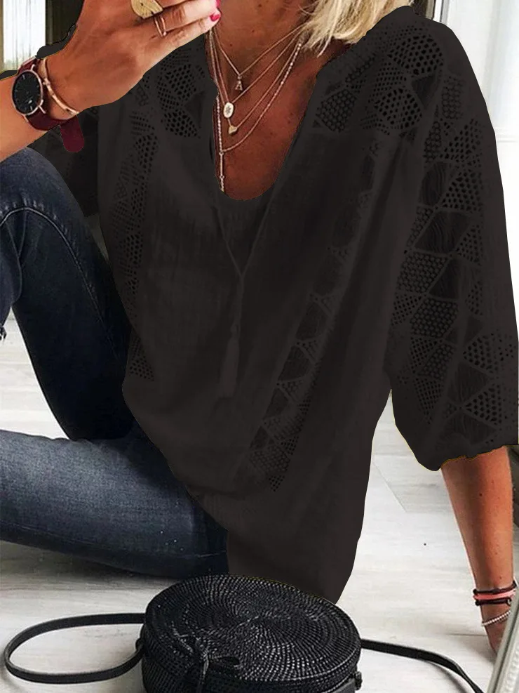 

2021 Women Blouse V-Neck Three Quarter Sleeve Casual Tops Hollow Out Loose Ladies Shirt Lace-up Office Work Wear Summer Blouse