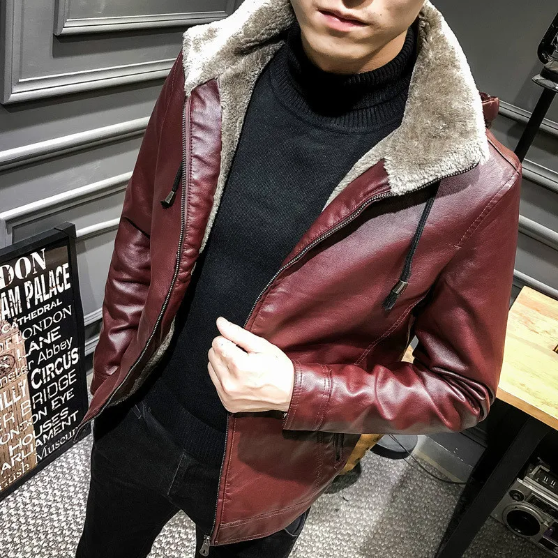 

Men Red Pu Leather Fluffy Coat Faux Leather Jacket Oversize Boys Warm Thick Hooded Faux Fur Collar Jacket Male Fake Fur Coat 4xl