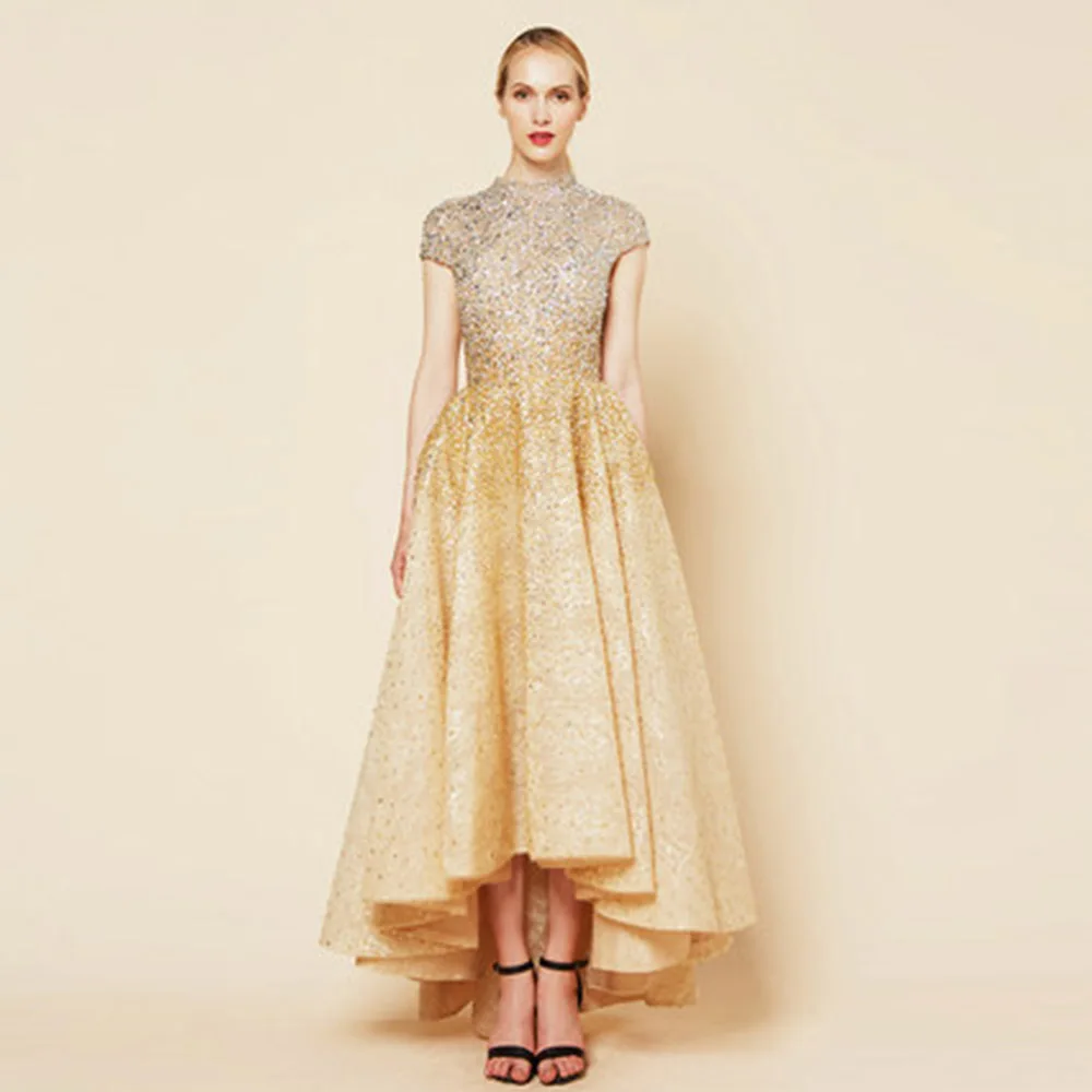 Золото Градиент Высокий Низкий вечернее платье кружева бисером вечернее платье с высоким воротом с коротким рукавом