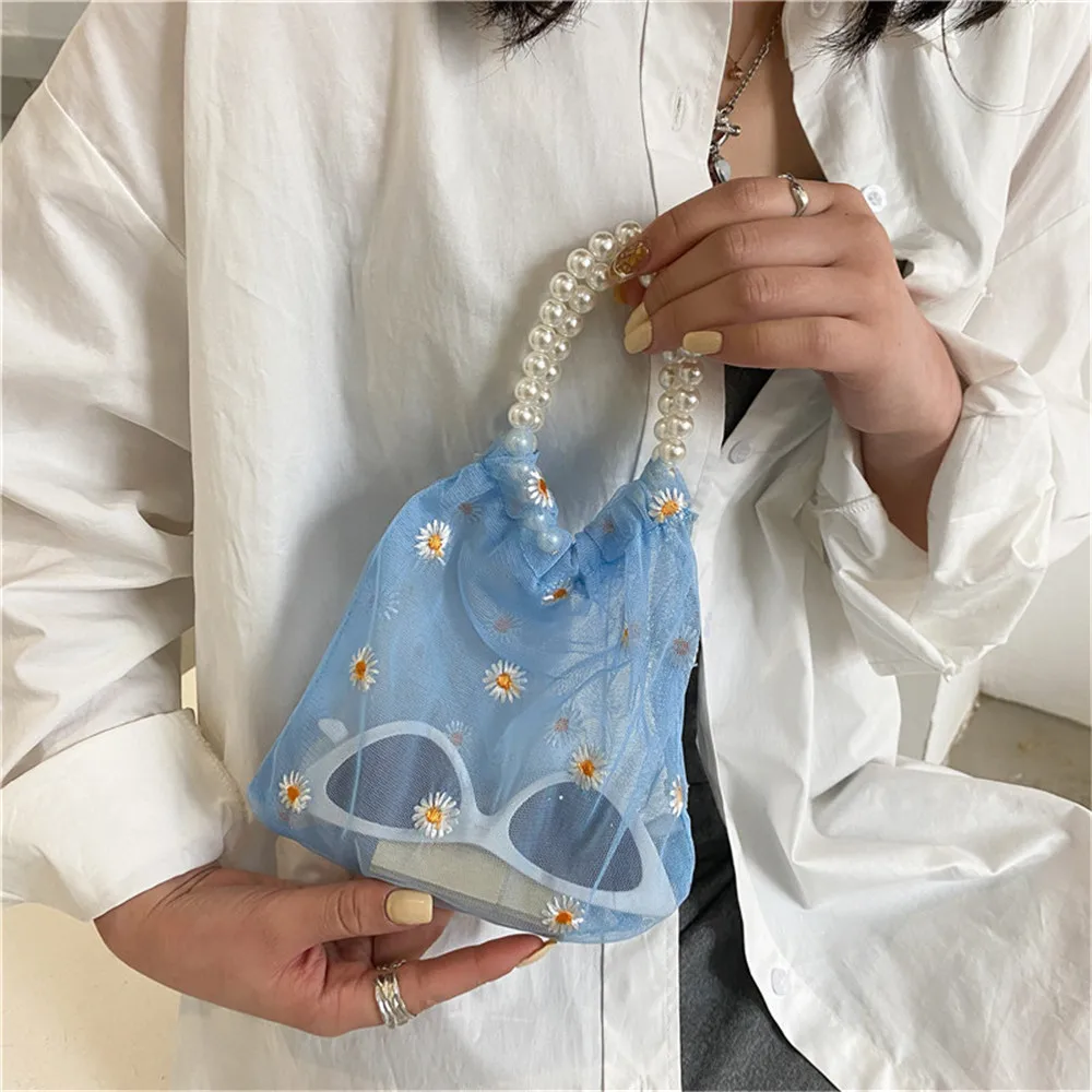 

Small Daisy Mesh Shipping Bags Embroidered Light Tote Bags Bolsos Female Floral Pearl Organza Fashion Eco Tote Bag Handbags