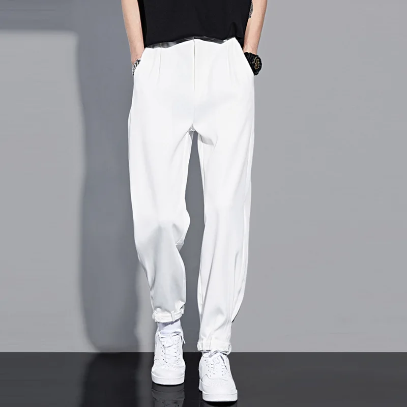 

Summer light casual pants men's Korean Trend ice silk versatile straight tube loose 9-point bunched white pants