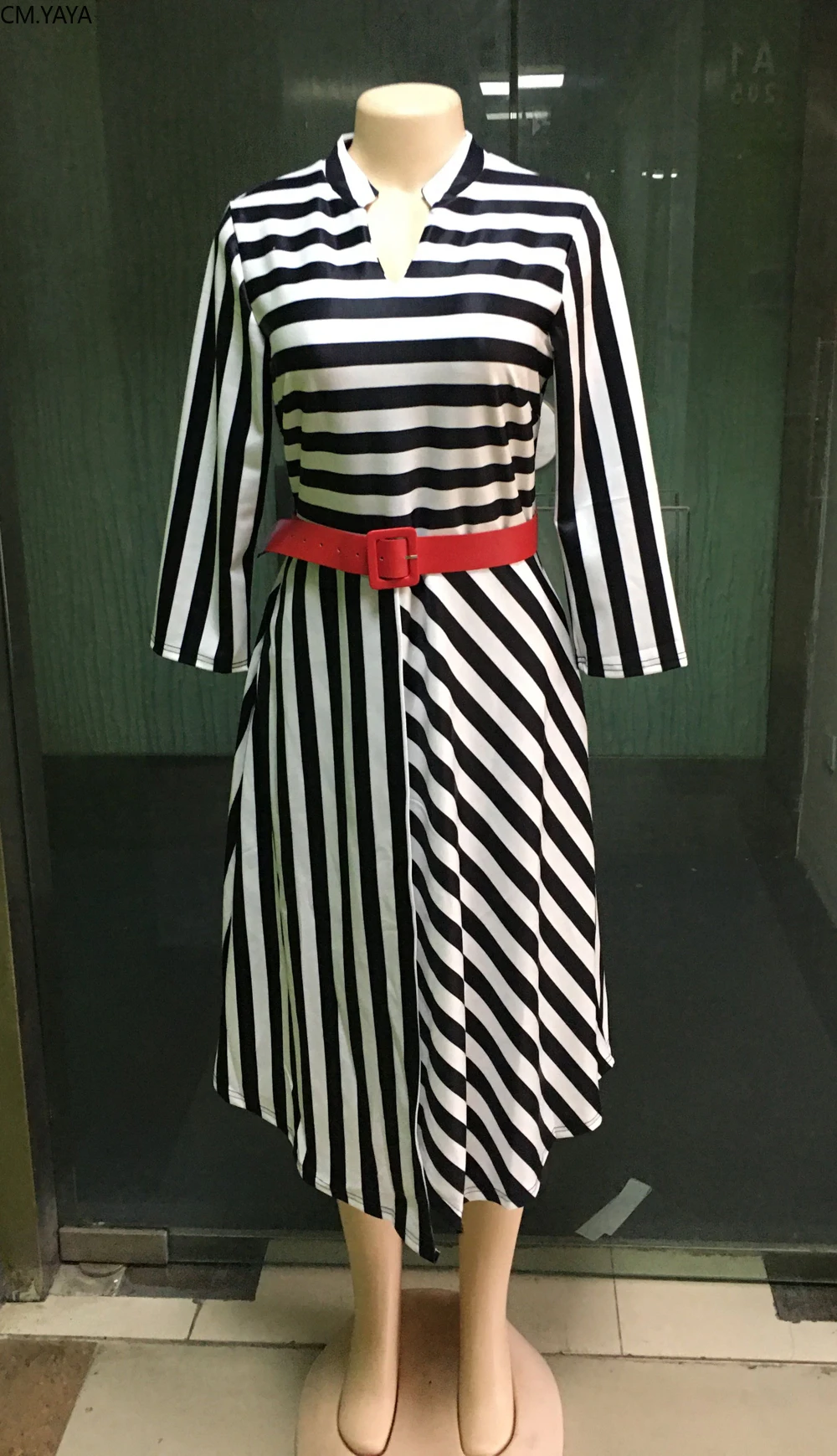 Women Winter Fall Three Quarter Sleeve Striped Dress Office Lady Street Style Sashes Asymmetrical midi Dresses Plus Size AM387 | Женская