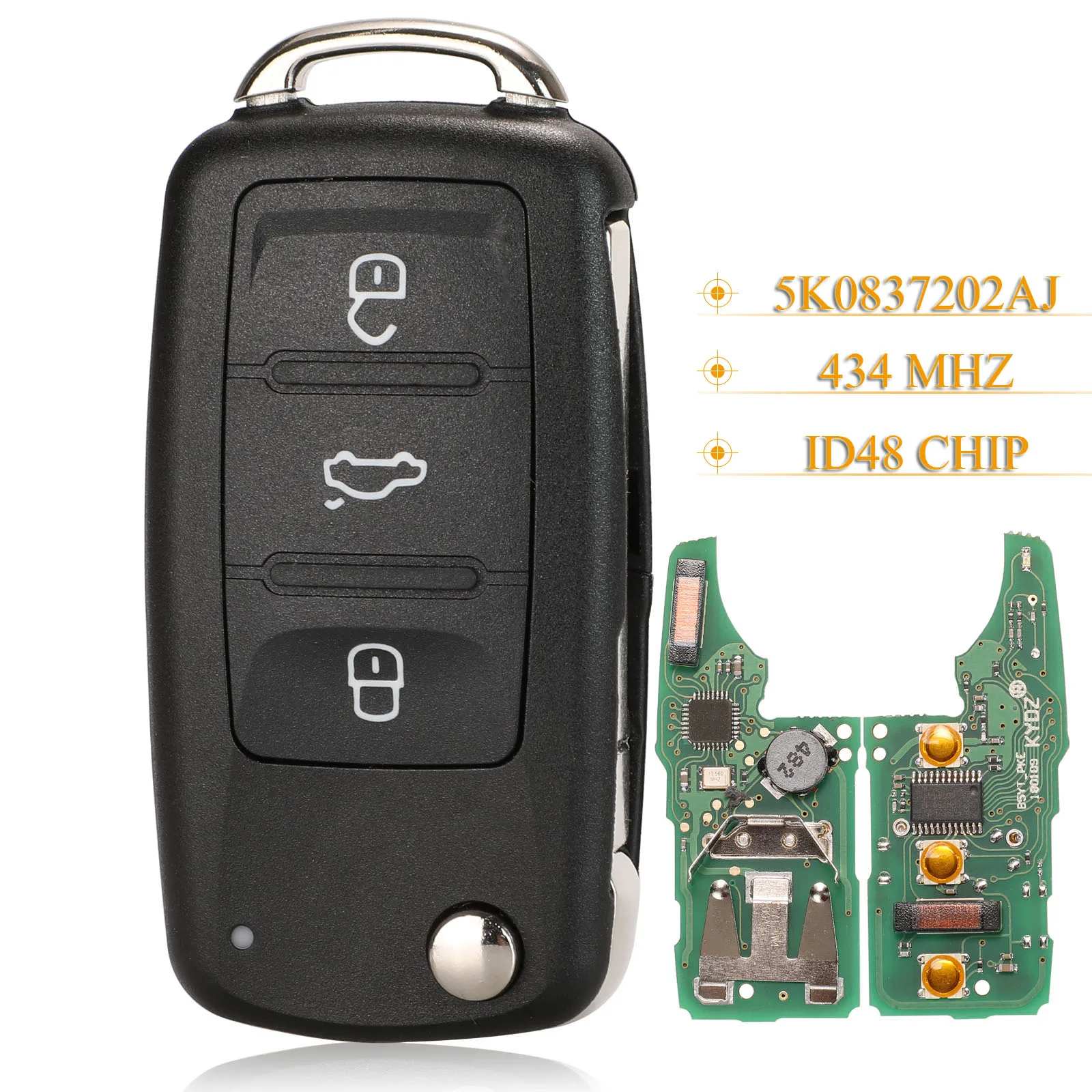 Kutery 3 кнопки дистанционный ключ брелок от машины 434 МГц ID48 для VW GOLF PASSAT Tiguan Polo Jetta