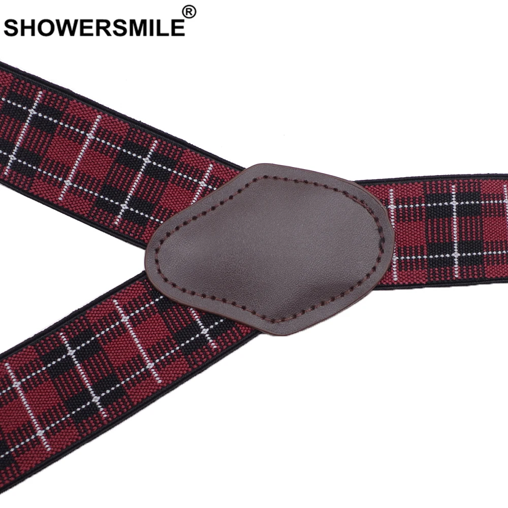 SHOWERSMILE мужские подтяжки для брюк в британском стиле красные подтяжки в клетку 6 Клипов жаккардовые деловые формальные эластичные кожаные мужские брюки
