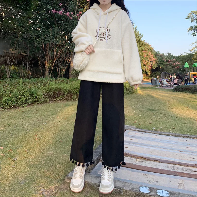 

Japanese Kawaii Soft Girl Sweety College Style Pants Cute Hairball Solid Color Loose Thin Wide Leg Pants Elastic Waist Trousers