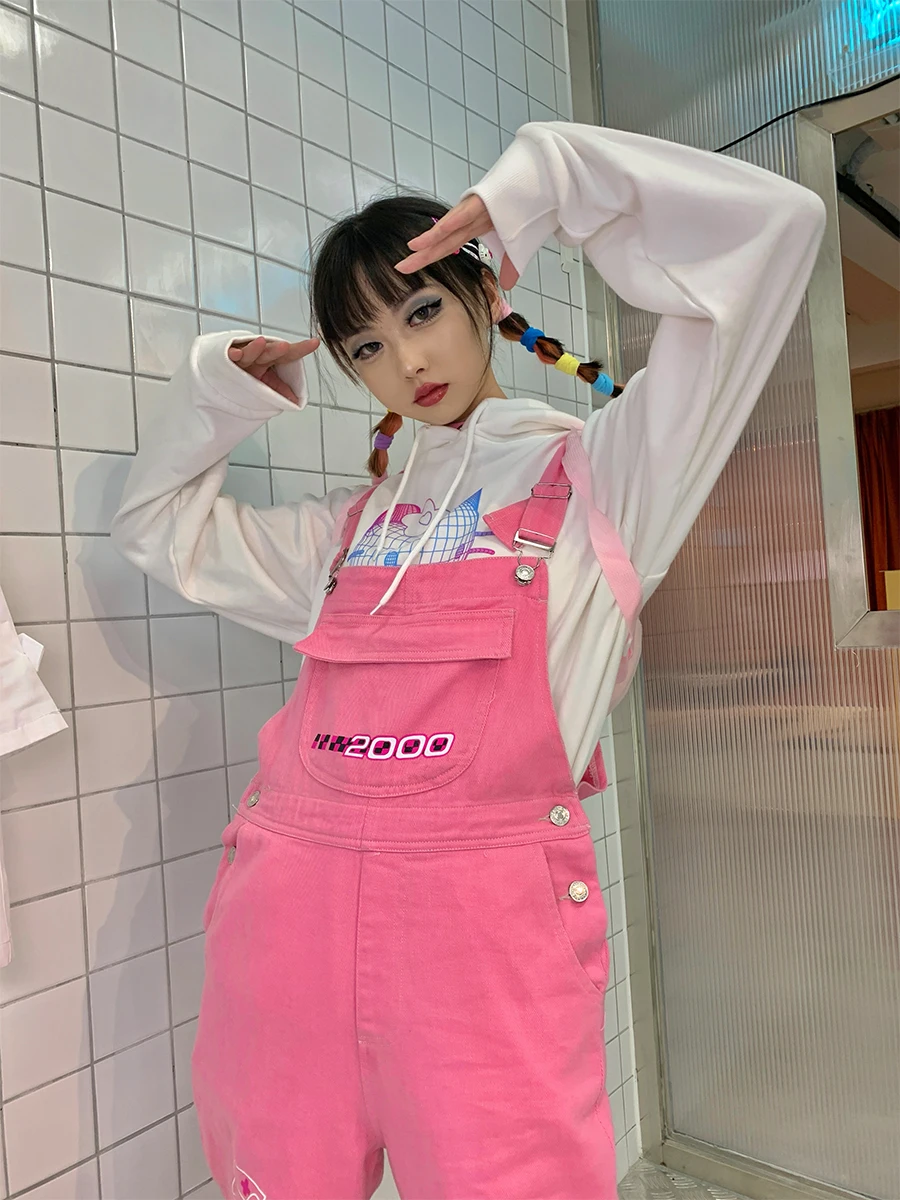 

Japanese Harajuku Overalls Loose Straight Hot Girl Cartoon Printed Sweet Cool Street Jeans Vintage Streetwear Jeans Woman