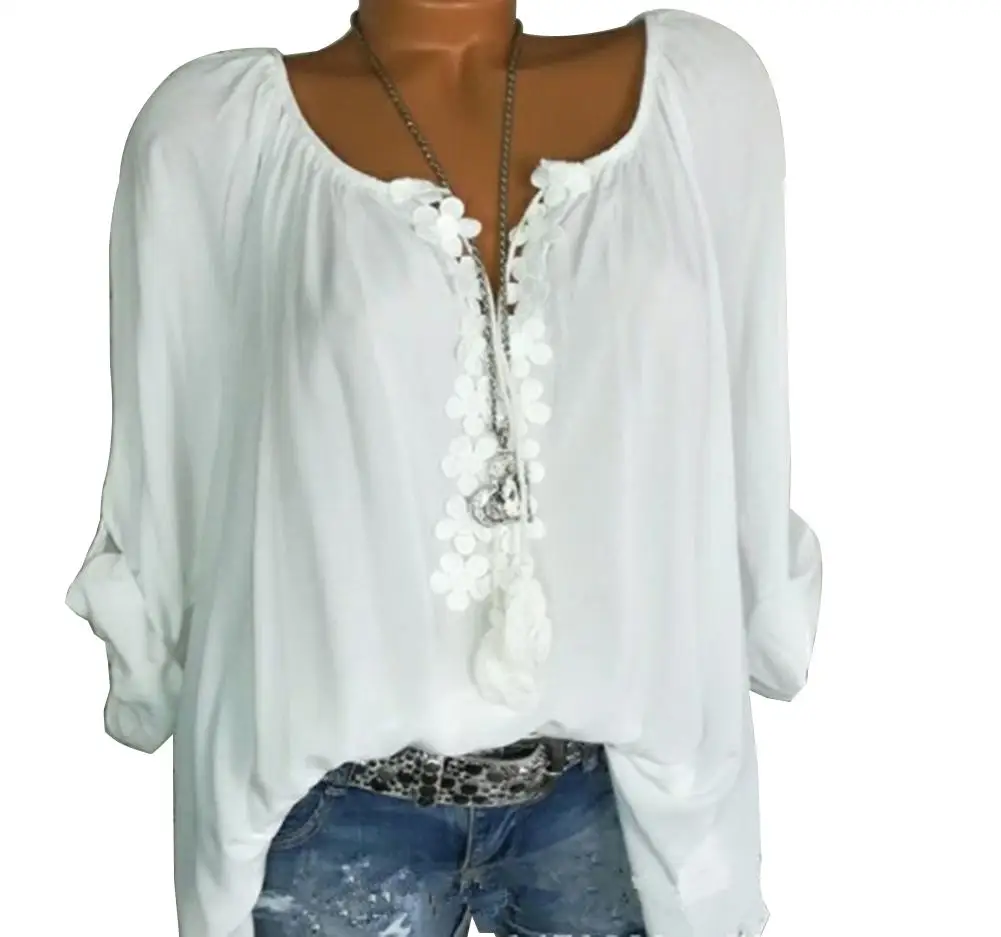 

Fashion Women Blouse Spring Summer Flower Decor Long Sleeve Casual Loose Blouse Top female shirt
