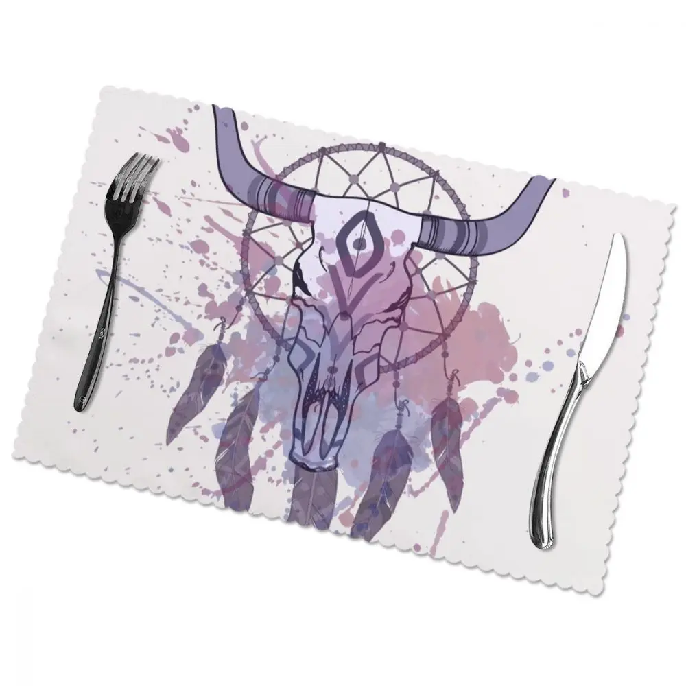 

Placemat for dining table Watercolor Splash Bull Skull And Dream Catcher Heat-resistant Kitchen Dining 6 PCS Accessories