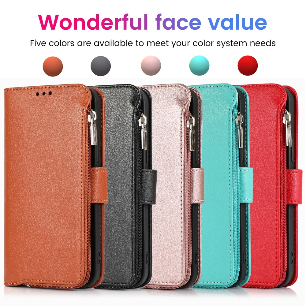 

For iPhone 12 11 Pro X XR XS Max 12 Mini SE 2020 5S 6 6s 7 8 Plus PU Leather Cards Magnetic Flip Case Zipper Wallet Stand Cover