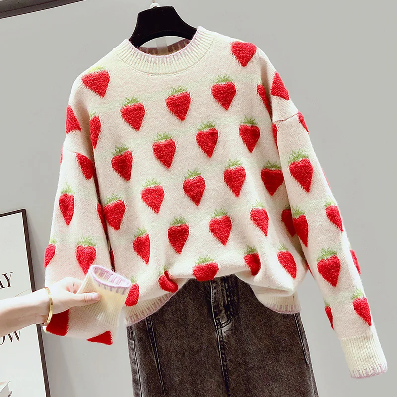 Вязаный свитер с вышивкой клубники FINEWORDS корейские винтажные милые