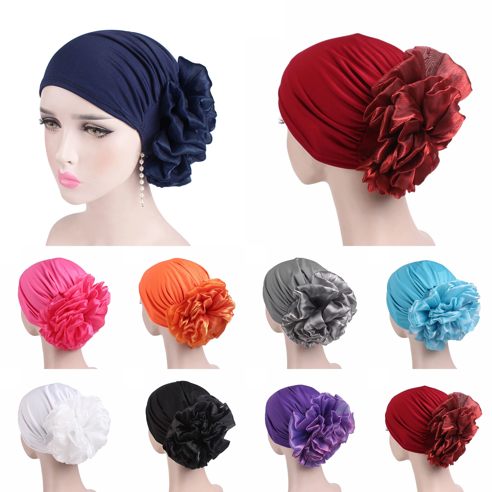 

Flower Head Scarf India Muslim Women Ruffle Cancer Chemo Beanie Hair Loss Turban Wrap Caps