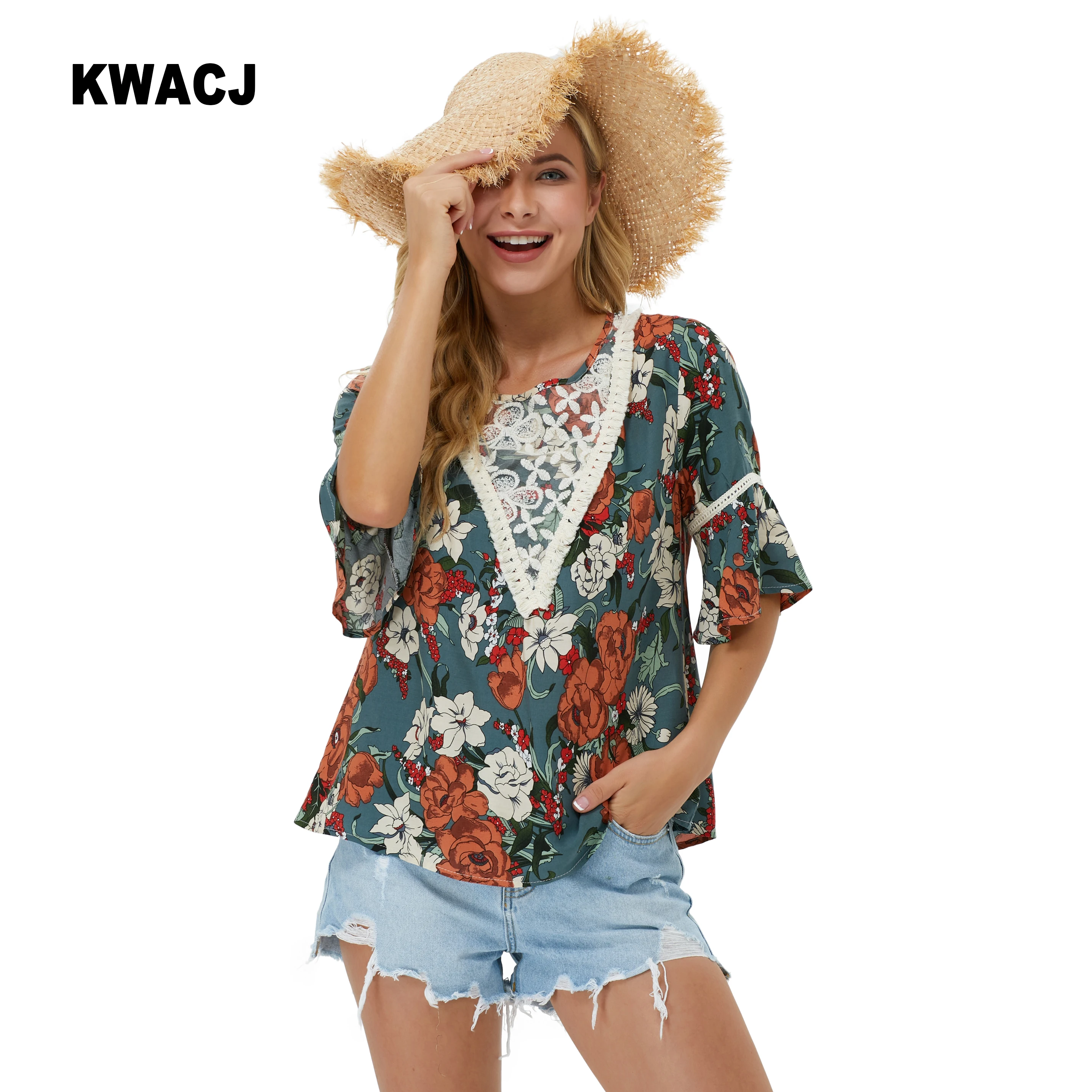 

KWACJ Floral Print Women Blouse Vintage Summer Half Sleeve Lace Front Decoration Casual Boho Clothes Holiday Beach Style Tops
