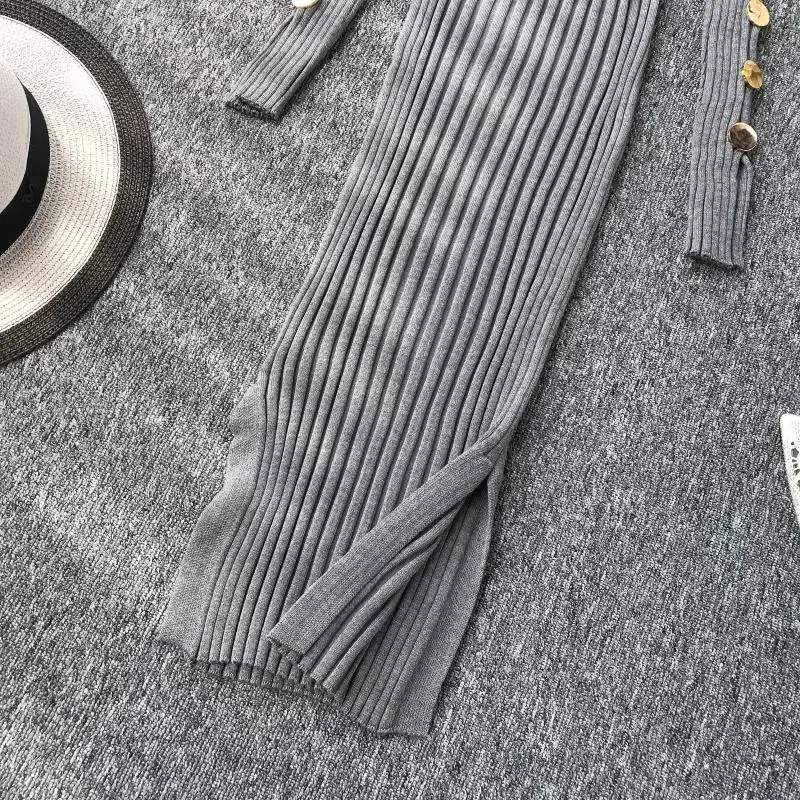 ALPHALMODA французское платье Популярные пуговицы рукав пуловеры туника платье вязаный свитер платье сплошное v-образным вырезом сексуальное платье шаг