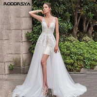 roddrsya v neck tulle wedding dress for women lace appliqued backless beach bridal gowns vestido de novia a line sweep train