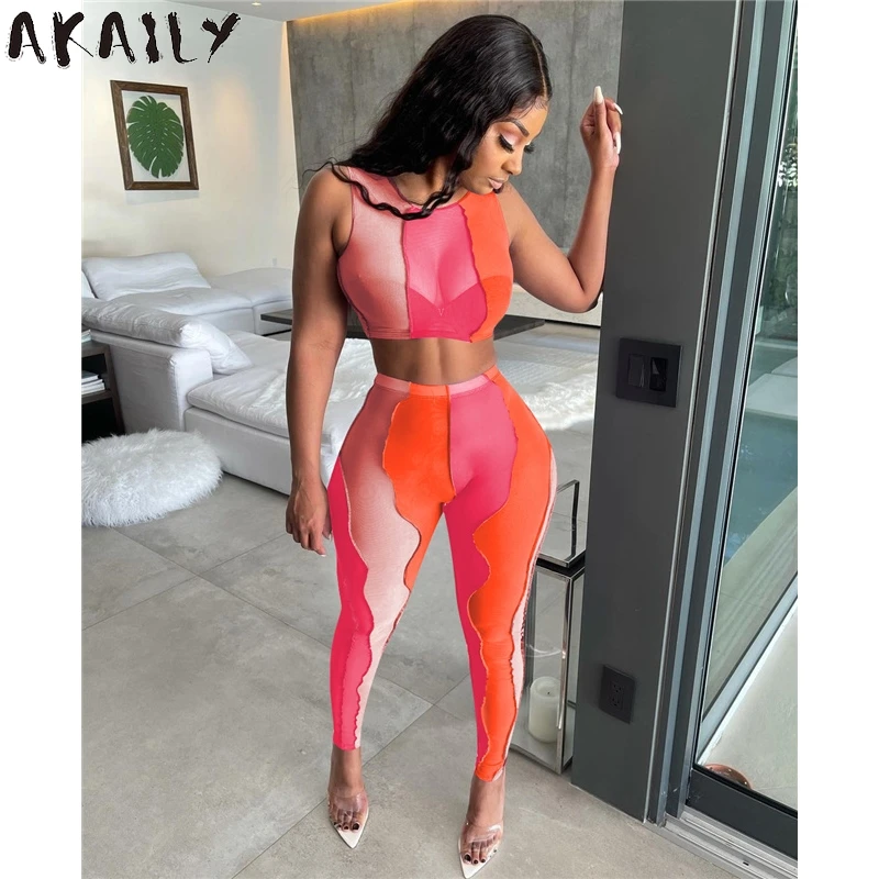 

Akaily Streetwear Patchwork Mesh See Through 2 Two Piece Sets Women Summer Sleeveless Crop Top Long Pants Matching Sets Female