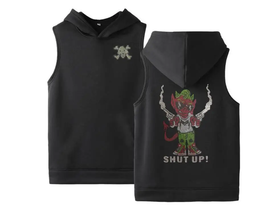 

Cartoon design vest with hat Hot drill man with guns handsome Rhinestones summer vest hoody