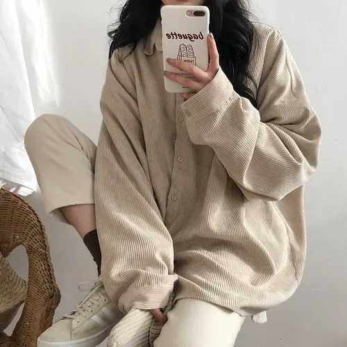 Khaki Вельветовое пальто для женщин с длинным рукавом Harajuku Chamarras De Mujer хаки серый Свободные прямые повседневные Casaco Feminino Preppy Chaqueta - Цвет: Khaki
