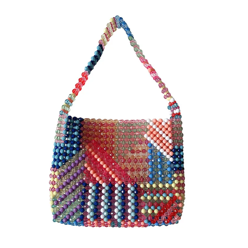 2021 New Fashion Bohemian Patchwork Handmade Women's Shoulder Bag Mixed Color Beads Hand-woven Simple Portable Beaded Handbag