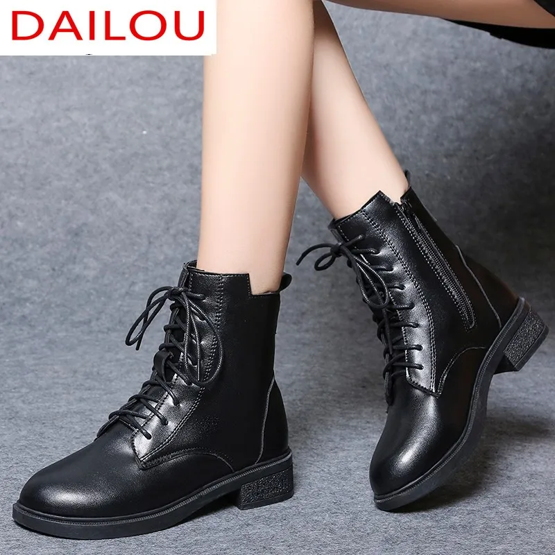 

Women's Pu Leather Round Head Ankle Boots2021Autumn New Fashtion Platfrom Lace-up Zipper Square Heel Women's Casual Martin Boots
