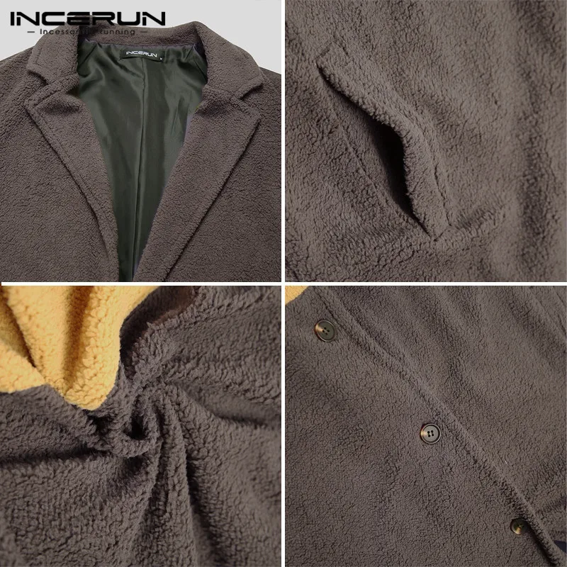 

Men Fashion Long Winter Coats INCERUN Warm Long Sleeve Lapel Patchwork Jackets Faux Fleece Trench Single Breasted Overcoats 5XL