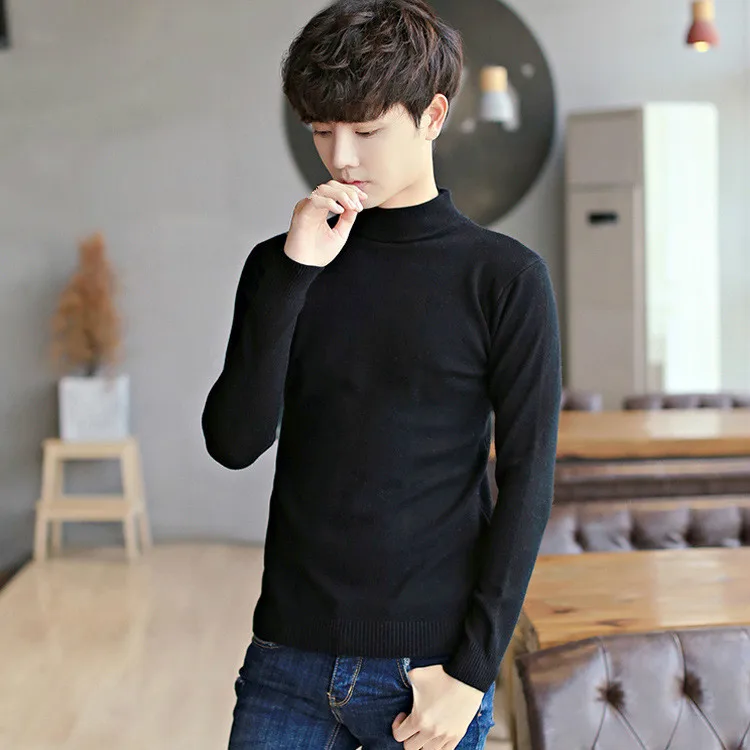 

Autumn Stand Collar Long Sleeve Solid Turtleneck Top Boys Beige Sweaters Slim Brown Warm Sweater Male Knitwear Knitted Pullover