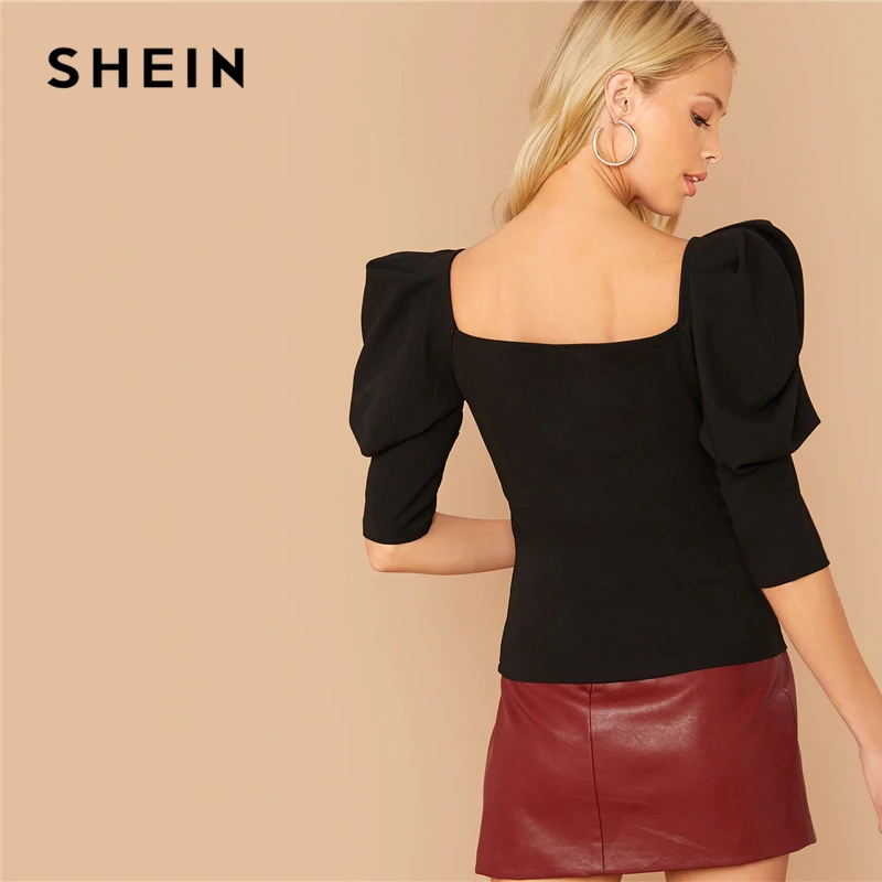 SHEIN/черная однотонная блузка с пышными рукавами и милым вырезом, Топ для женщин, весенне-осенние элегантные офисные платья, топы и блузки