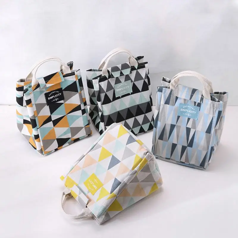 

Insulated Lunch Bag Box Picnic Tote Bag Portable Geometric Square Cotton Linen Insulation Bag 2021 New