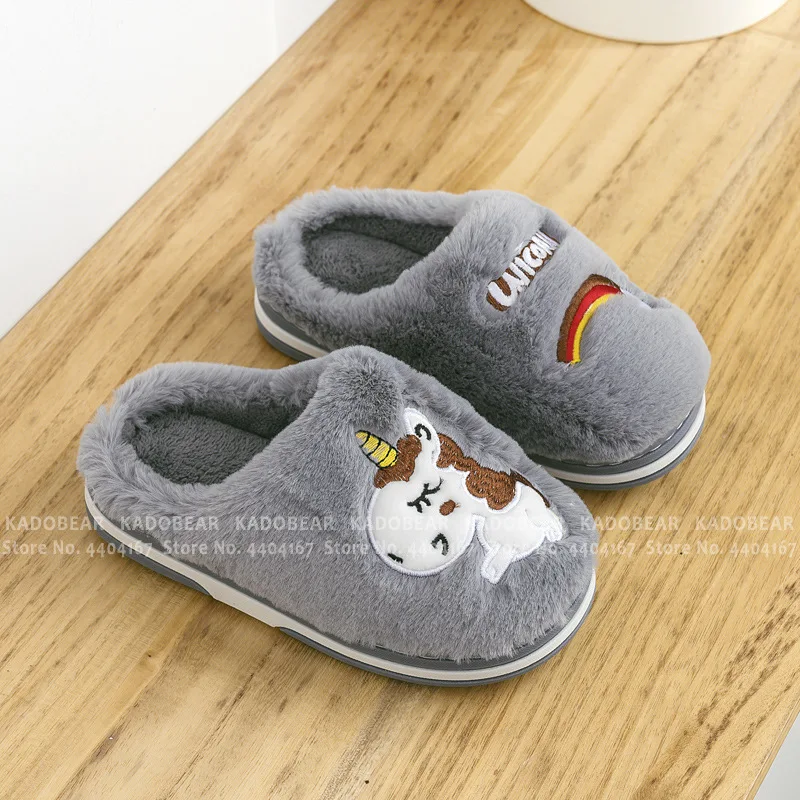 Зимняя домашняя обувь с рисунком единорога из плюша мехом для детей домашние