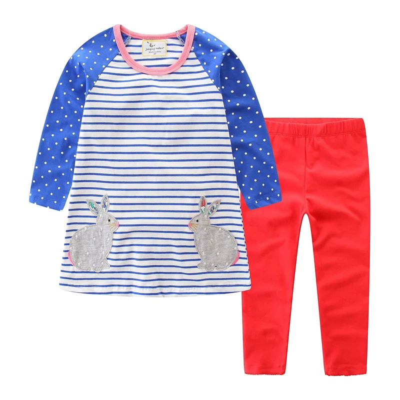 

Осенне-зимние хлопковые комплекты одежды для девочек с аппликацией в виде животного, кролика, Детские наряды в горошек, платье для маленьки...