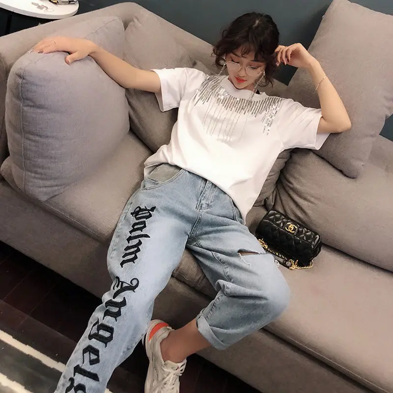 Футболка Стразы с блестками и бахромой женская летняя новая свободная Корейская