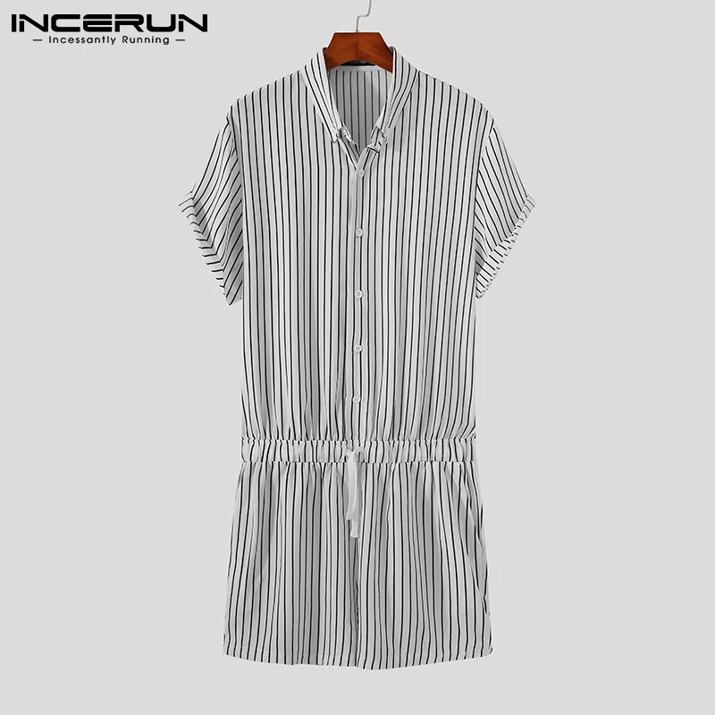 

2021 Men Striped Rompers Streetwear Casual Jumpsuits Drawstring Short Sleeve Button Fashion Men Overalls Playsuits S-5XL INCERUN