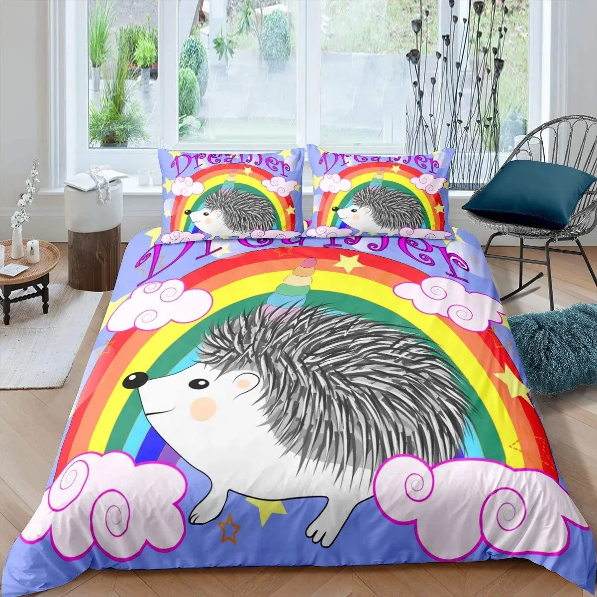 

Hedgehog Comforter Cover Set Cartoon Unicorn Hedgehog Bedding Set for Kids Boys Girls Cute Rainbow