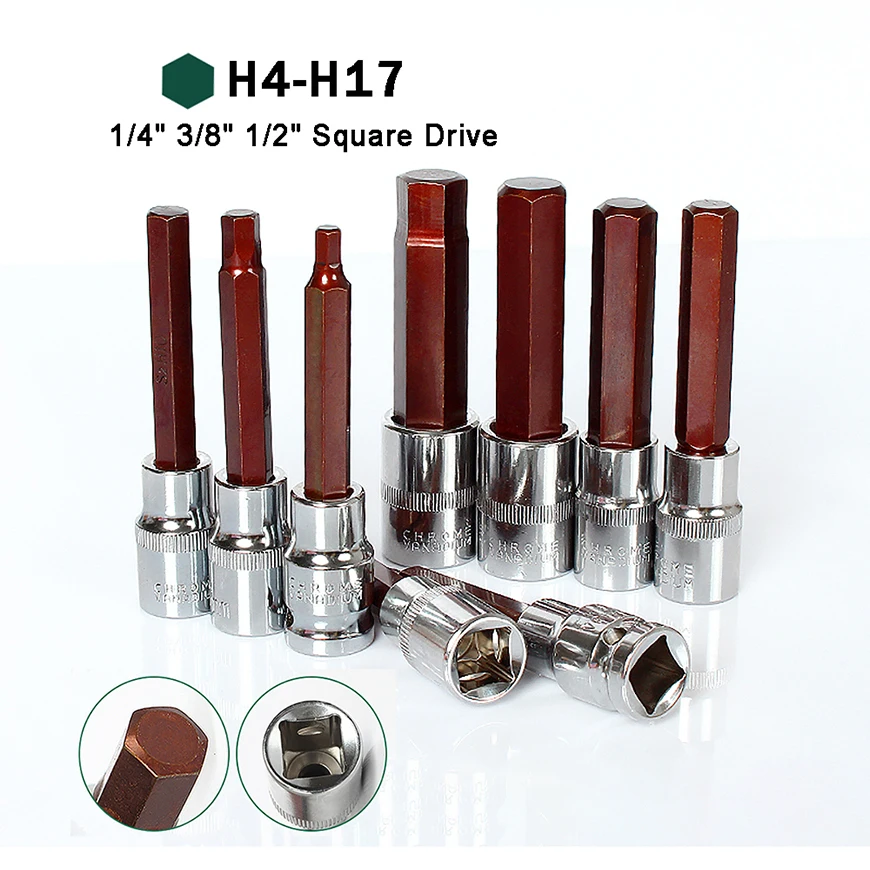 

1pcs 1/4" 3/8" 1/2" Square Drive Socket Wrench Hex Ratchet Screwdriver Bits Adapter Head H3 H4 H5 H6 H7 H8 H10 H12 H14 H16 H17