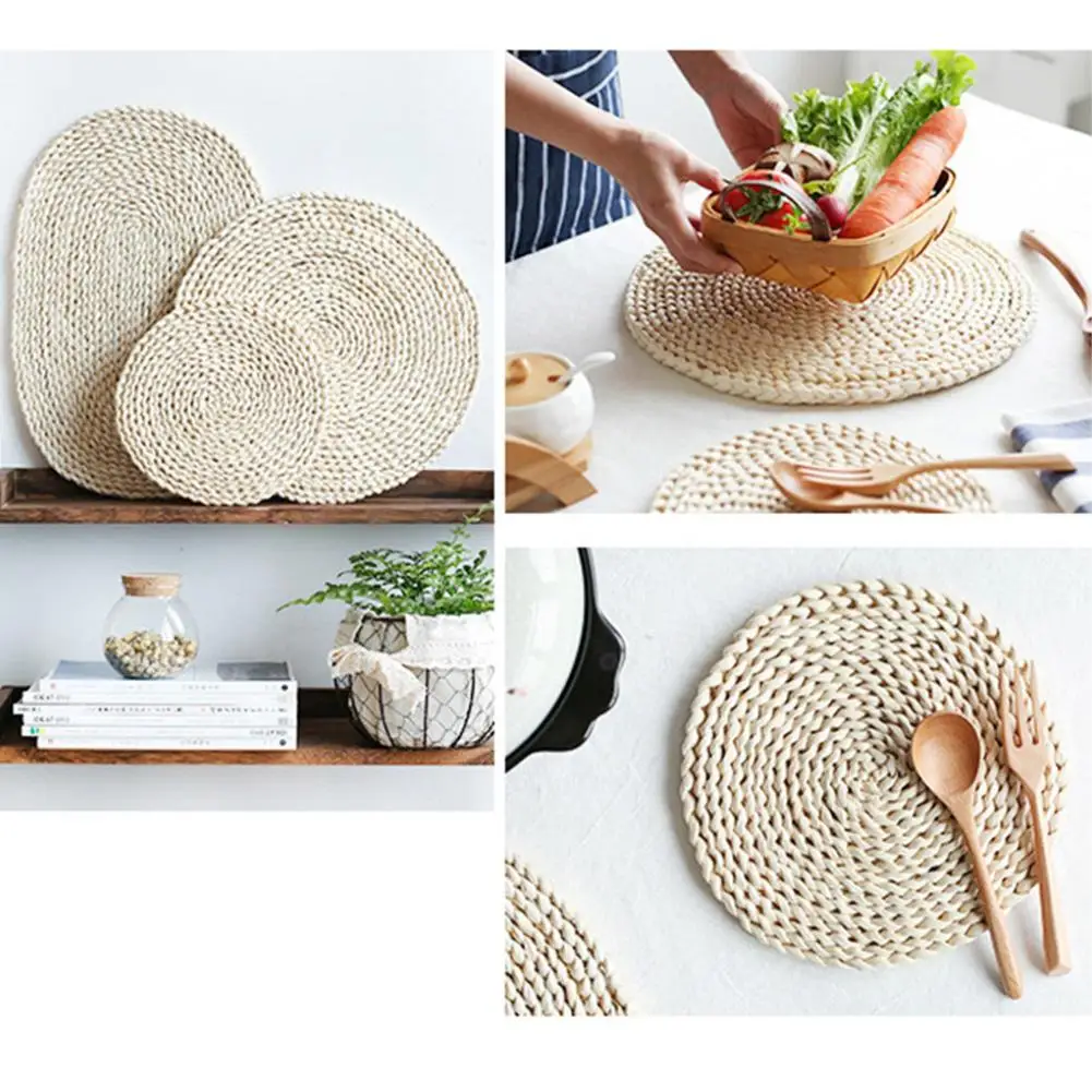 

Nordic Style Non-slip Corn Round Natural Rattan Coasters Dining Table Mat Heat Insulation Pot Holder Coasters Placemat