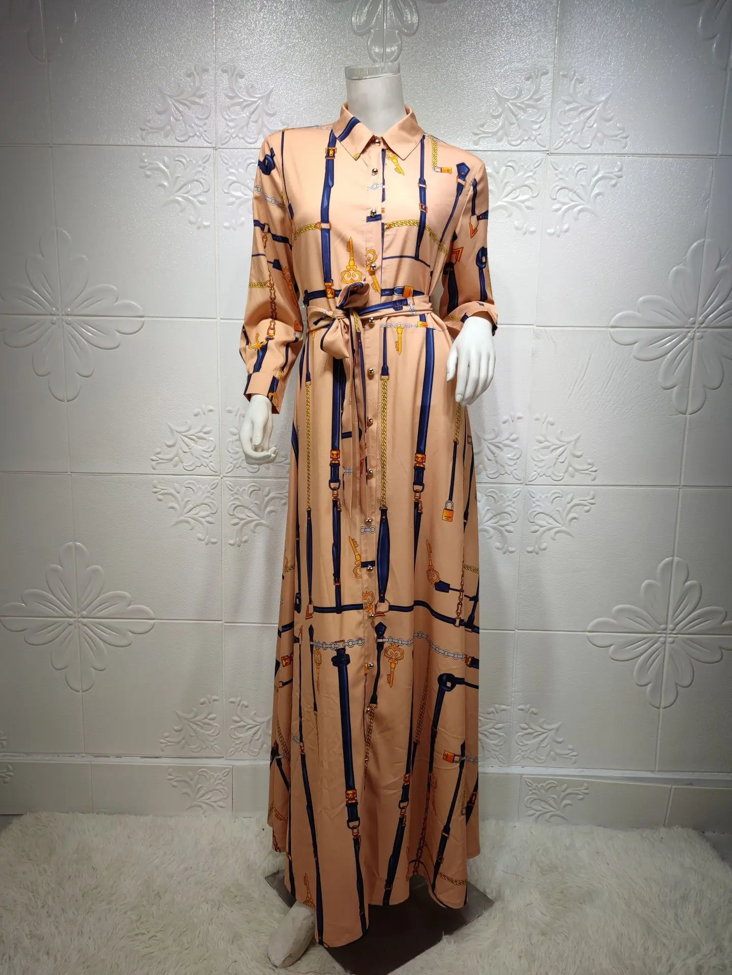 Chain Print Long Shirt Dresses for Women Muslim Dress Abaya Dubai Turkey Arabic Oman African Islam Clothes Lapel Single-breasted