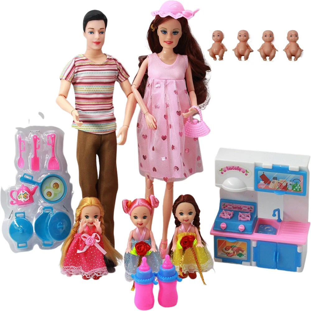 

6-Person family couple combination=11.5" Barbies pregnant doll mom/daddy/girl/stroller/dining chair children toy Christmas gift