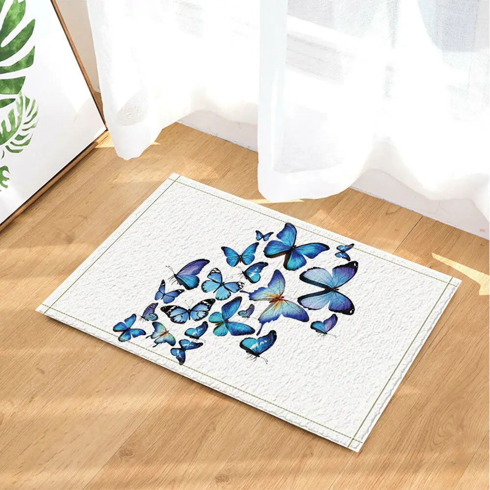 

3D Blue Butterflies Flannel Bathroom Rug Non-Slip Floor Door Mat