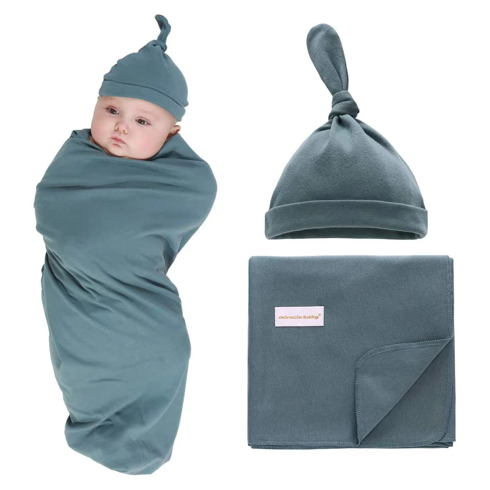 1 Set 0-6 Months Newborn Muslin Receiving Swaddle Blanket +Hat For Baby Boys Girls Infant Sleeping Bag Wrap Cloth