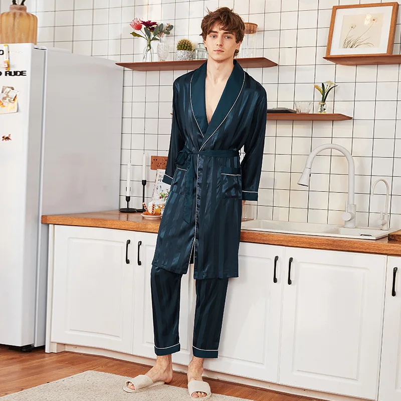 Роскошный мужской пижамный комплект из двух предметов, вискозная полосатая пижама с длинными брюками, Модный повседневный банный халат, сп... от AliExpress WW