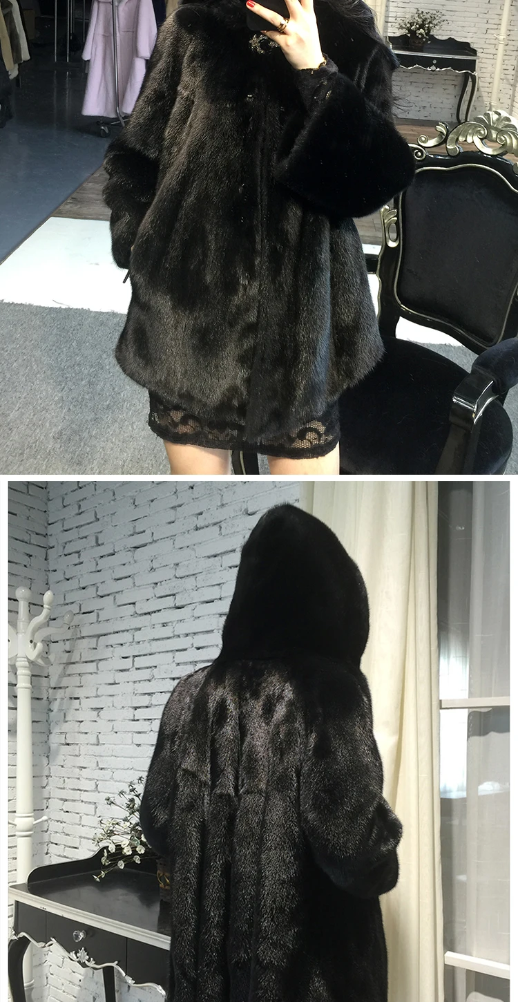 new autumn and winter Haining imported fur women's hooded tidy long section mink coat mink jacket
