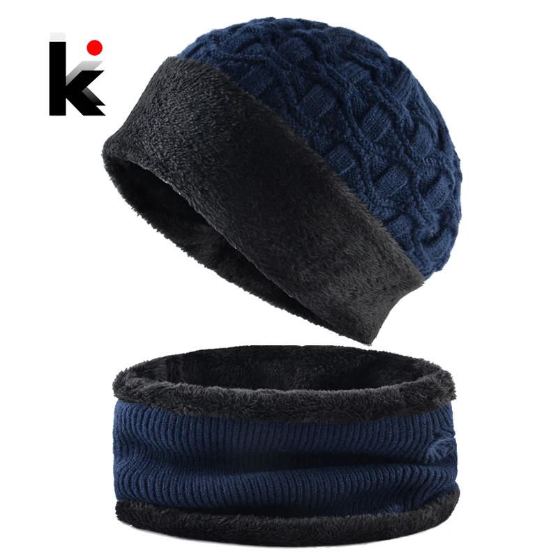 Толстая вязаная шапка Наборы для мужчин зимняя уличная теплая и шарф бархатные