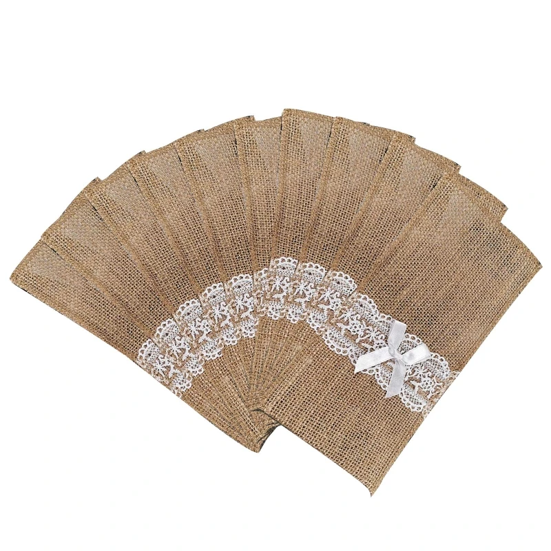Набор из 10 штук мешков из джута с кружевом для вилок и ножей для свадебной вечеринки, семейного обеда, ресторана, кофейни.