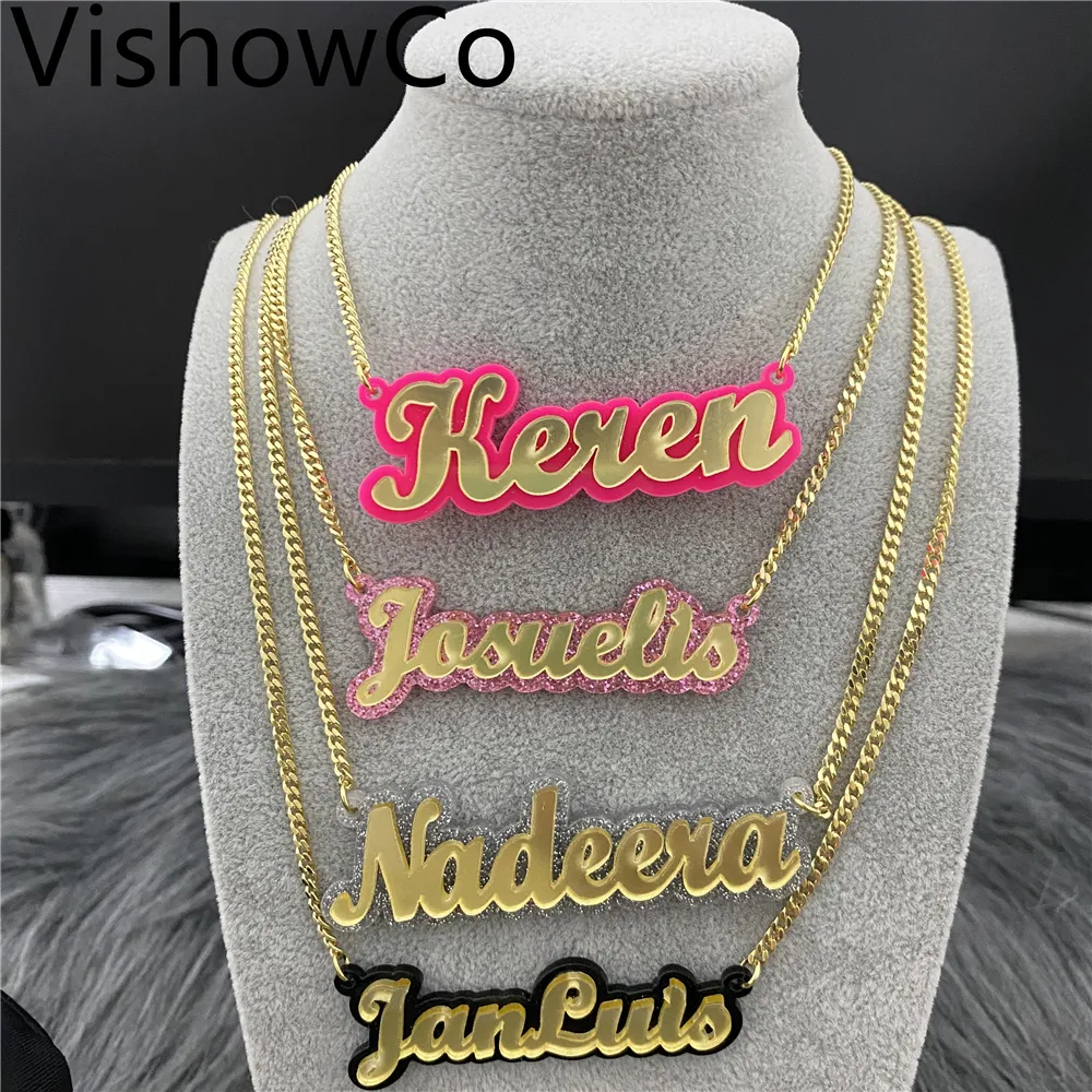 Vishowco nome personalizado colar hip hop personalizado acrílico placa de identificação pingente colares para mulheres presentes de jóias de declaração
